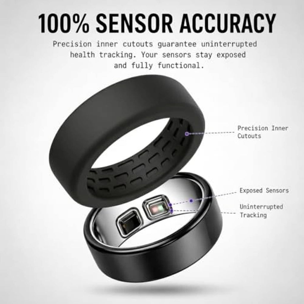 Black silicone ring protector sleeve showing inner cutouts and sensor exposure