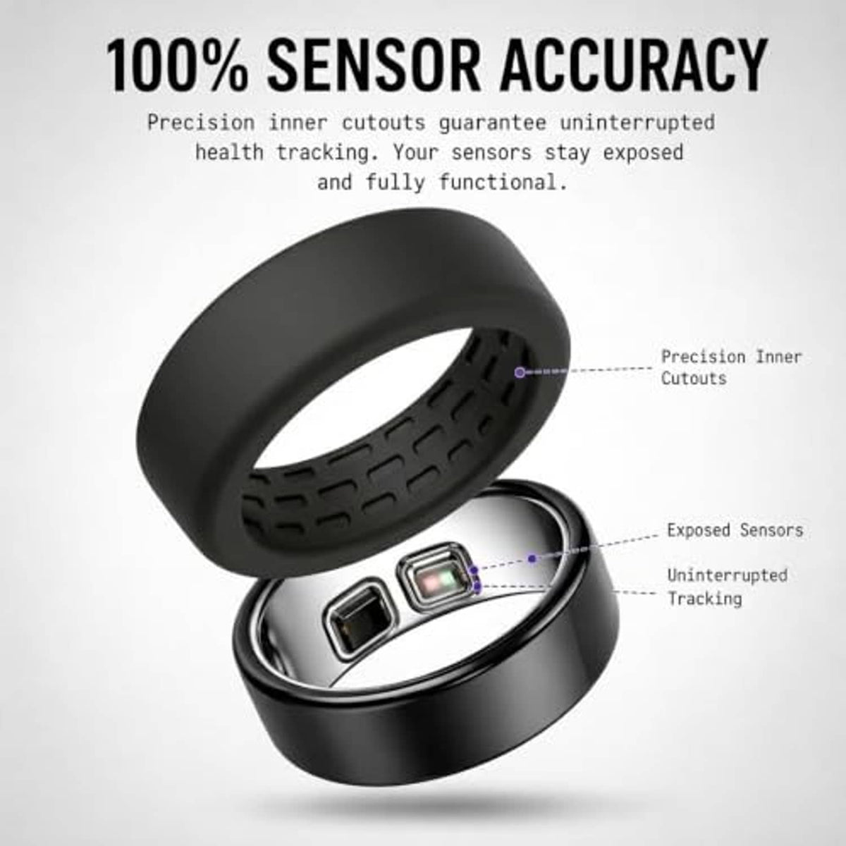 Black silicone ring protector sleeve showing inner cutouts and sensor exposure