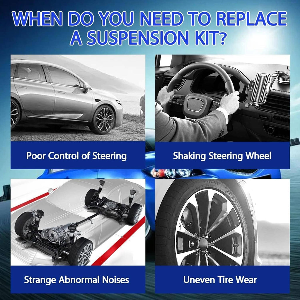 Suspension kit promotional graphic showing steering and tire wear symptom panels