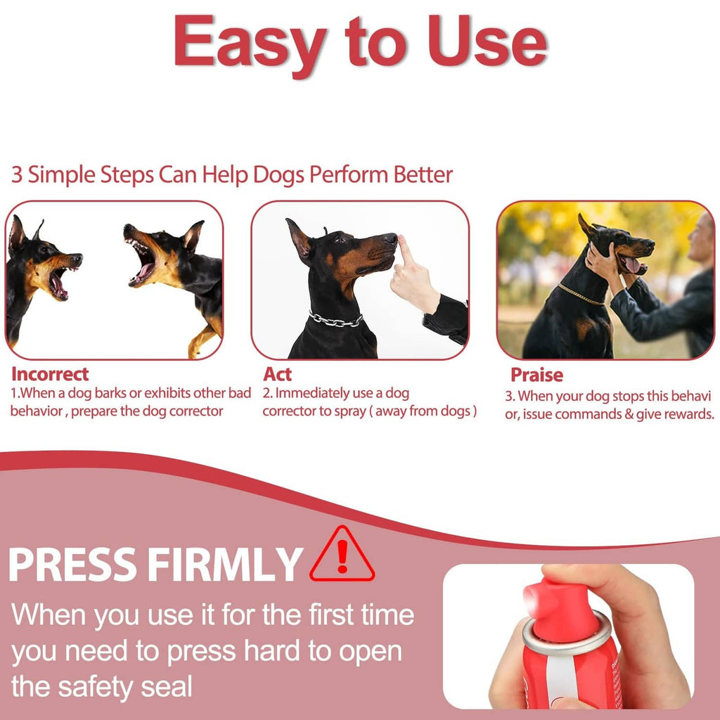Pet spray instruction panel with a close-up of red nozzle press area.