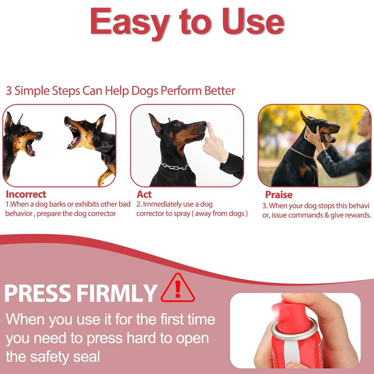 Pet spray instruction panel with a close-up of red nozzle press area.