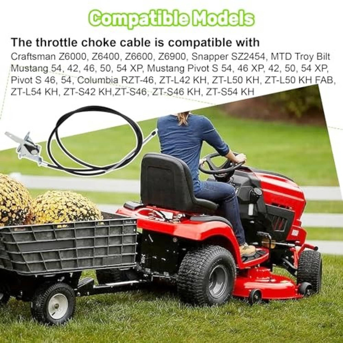 Throttle and choke control cable on a riding mower, black housing with bracket