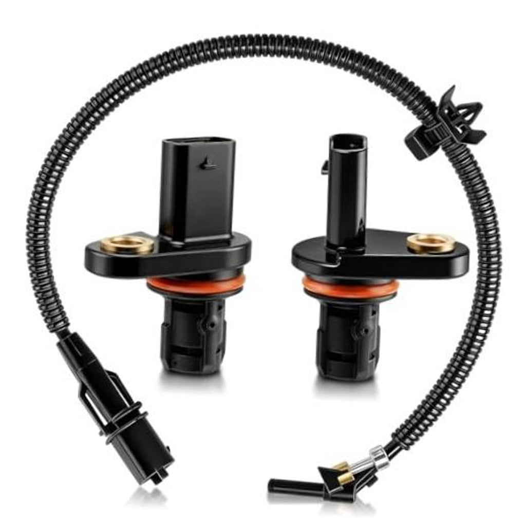 Camshaft crankshaft position sensor set with black housings, orange sealing rings, wiring