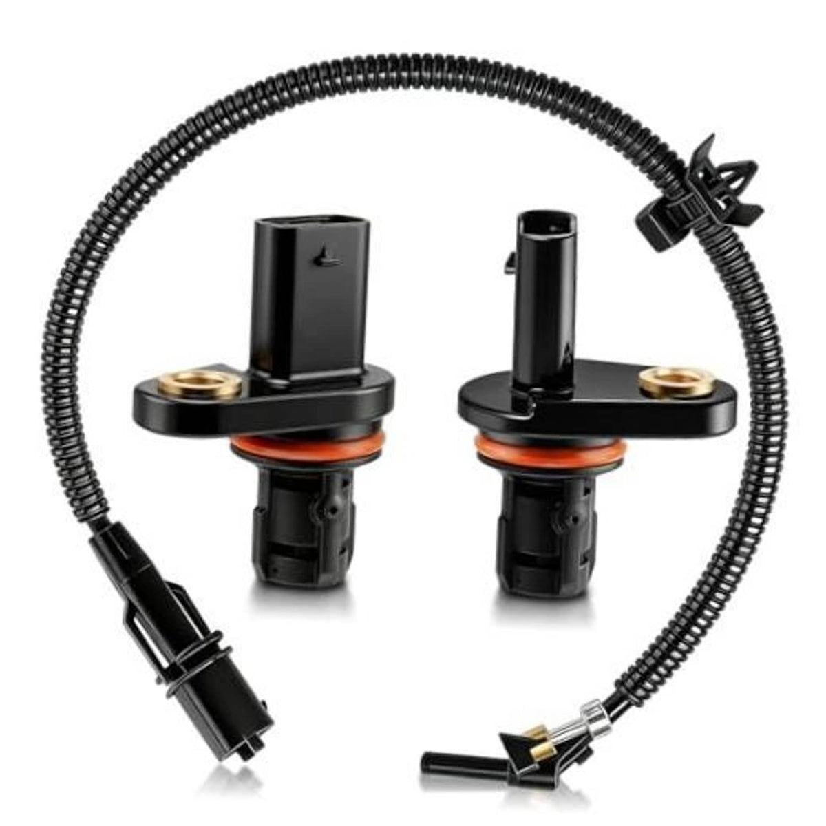 Camshaft crankshaft position sensor set with black housings, orange sealing rings, wiring