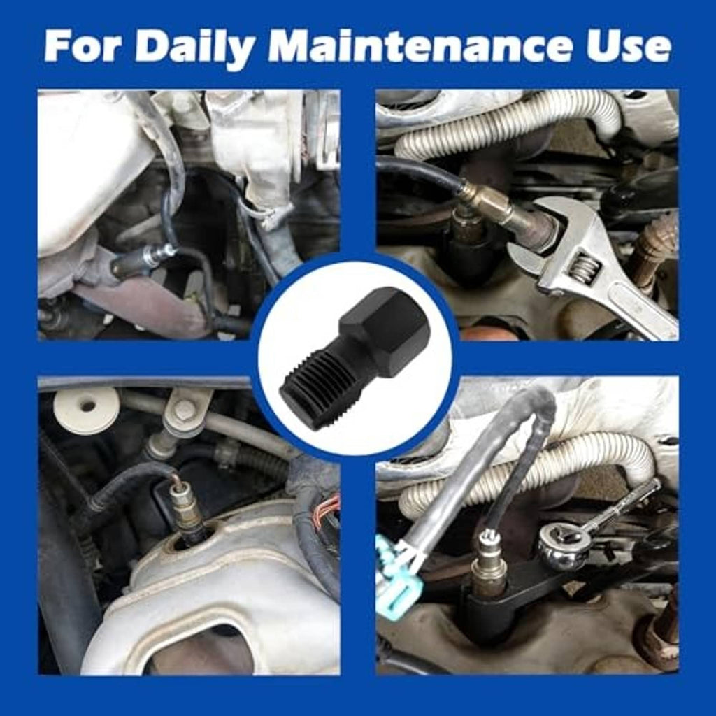 Oxygen sensor thread chaser used in engine bay, showing threaded tool end
