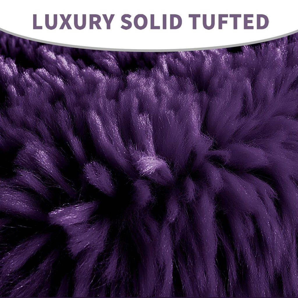 Dark purple tufted microfiber toilet seat cover, close-up plush texture