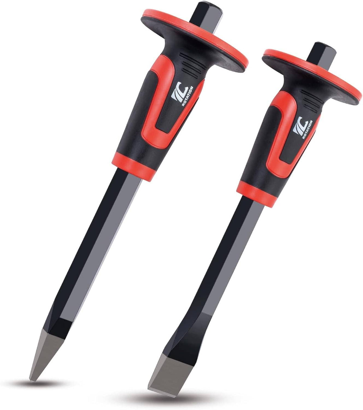 2-piece masonry chisel set with red/black handles and protective hand guards