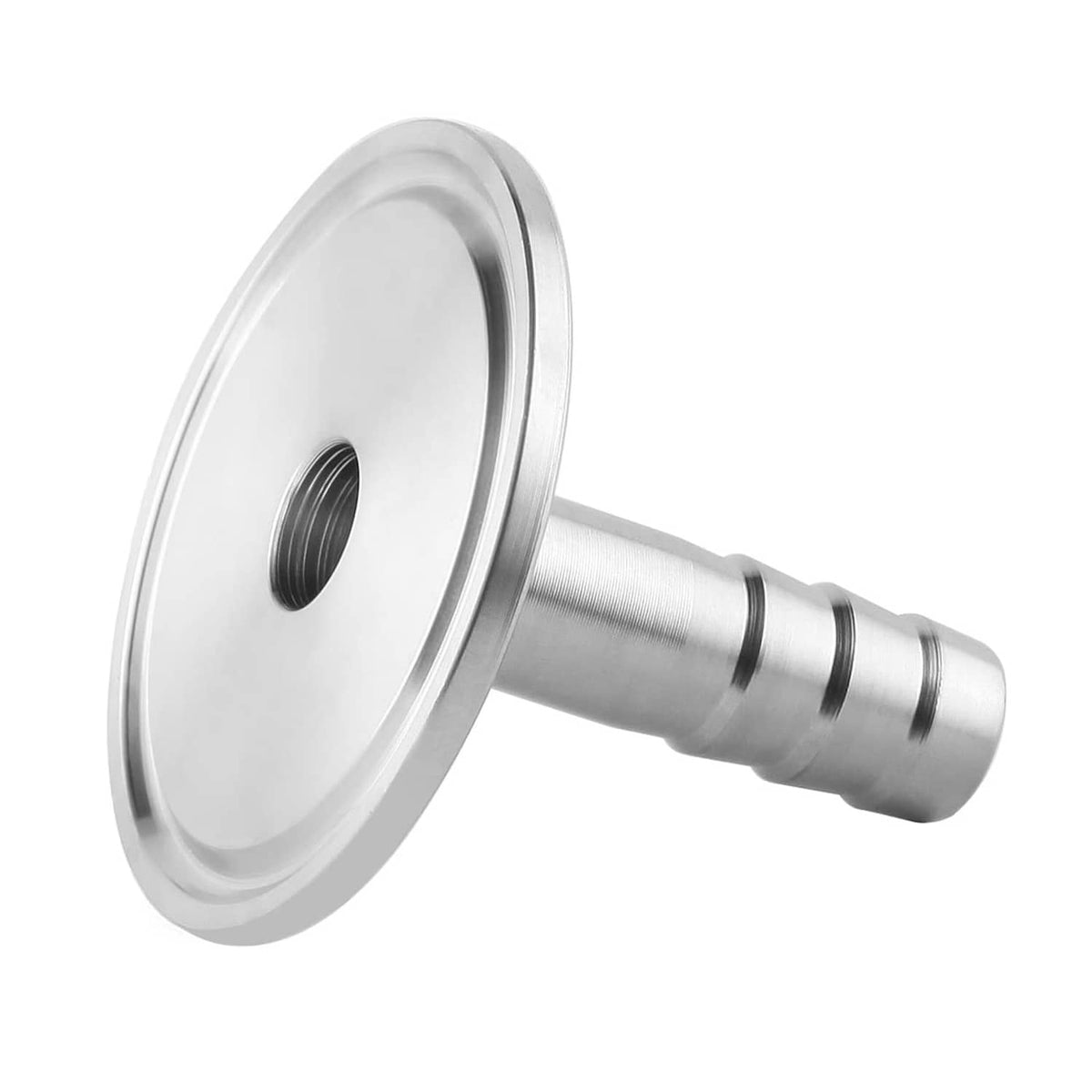 Stainless sanitary Tri Clamp adapter with flanged inlet plate and barbed tubing end
