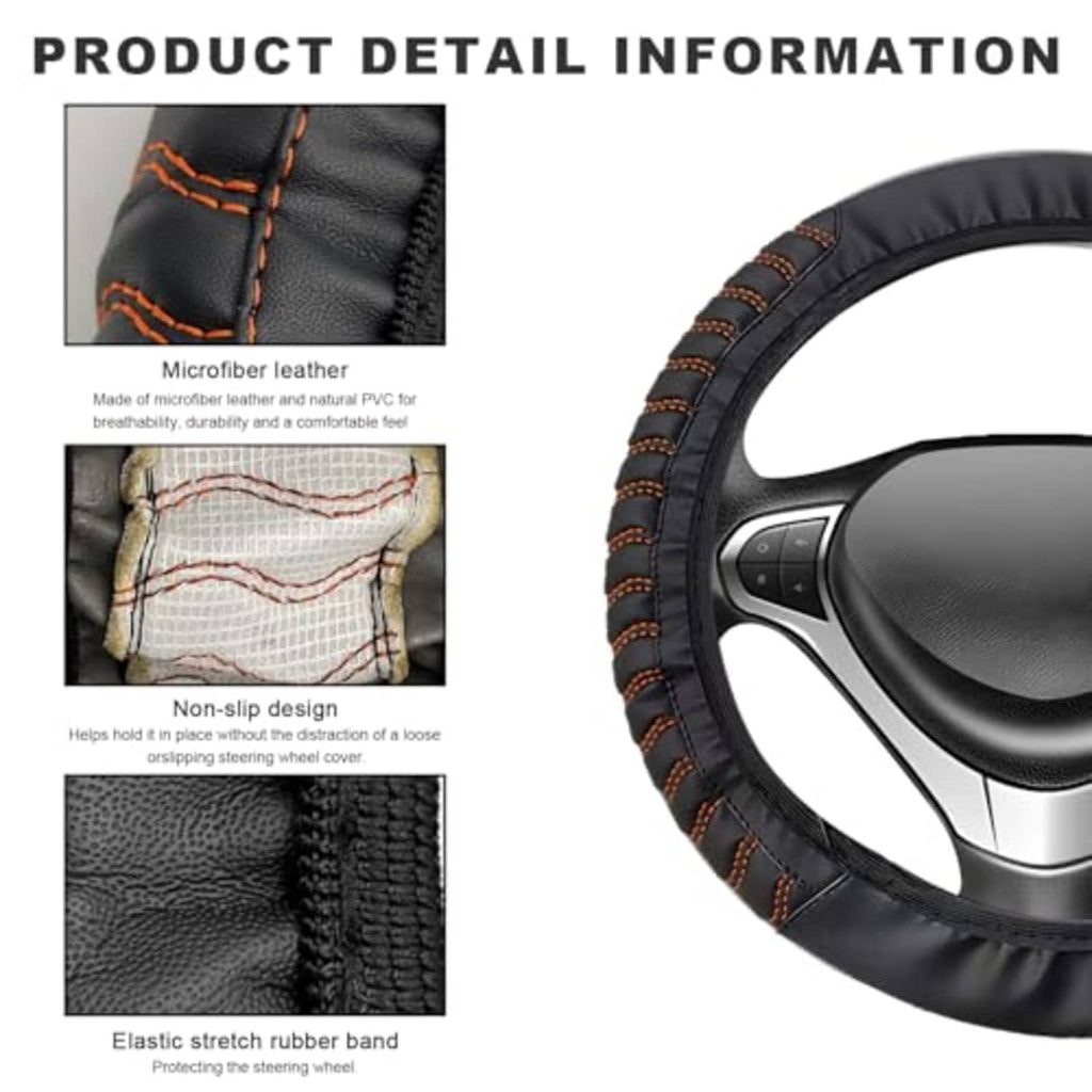 Black microfiber steering wheel cover with orange stitching and non-slip textured grip