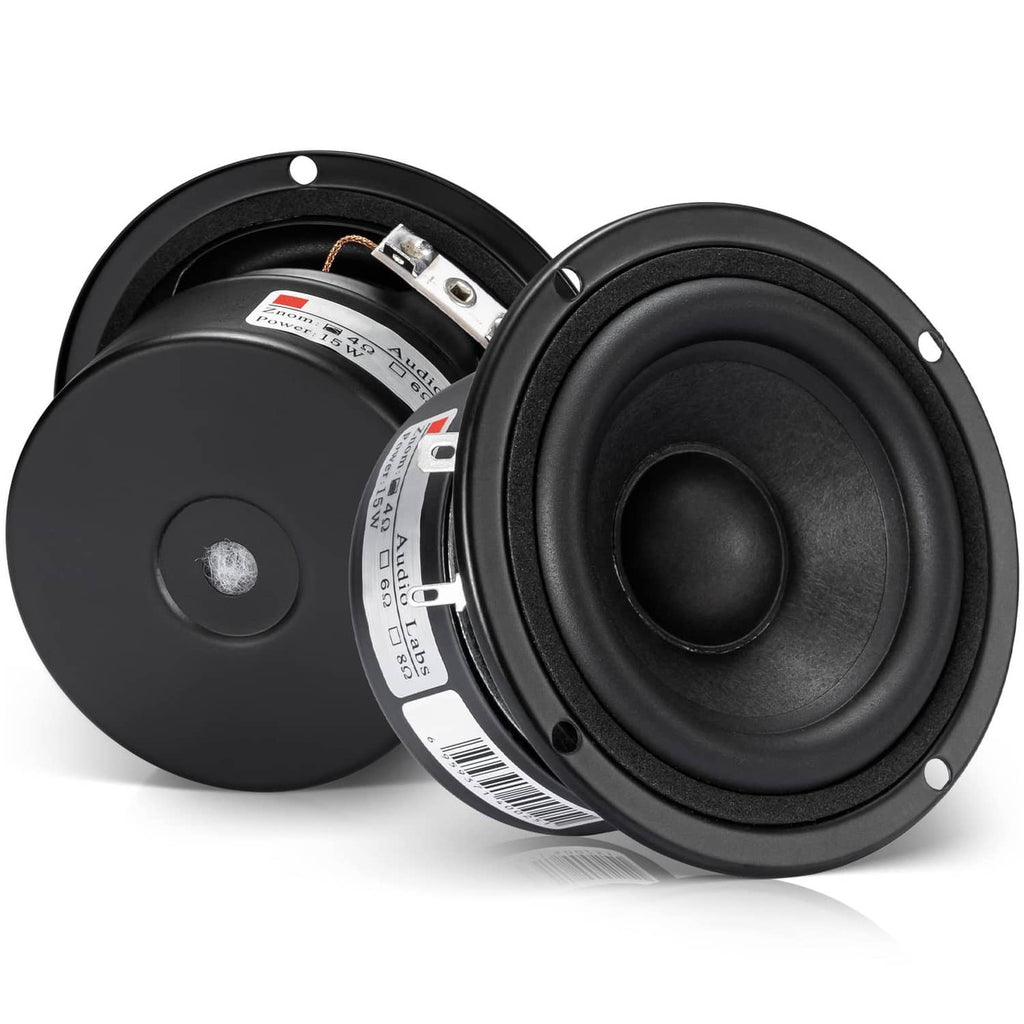 Black full-range speaker driver with woofer cone and terminals on back plate