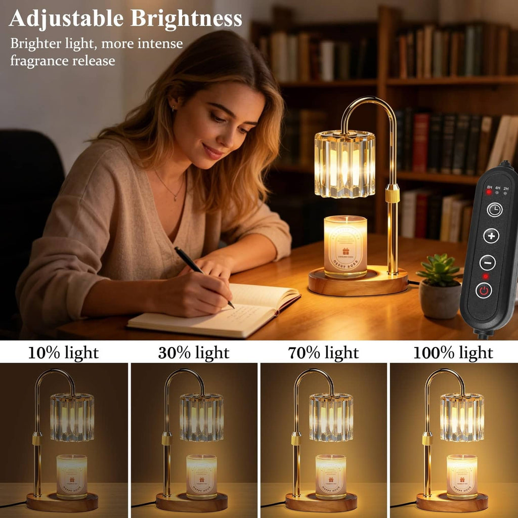 Candle warmer lamp with clear glass cylinder and lit candle jar, with brightness remote