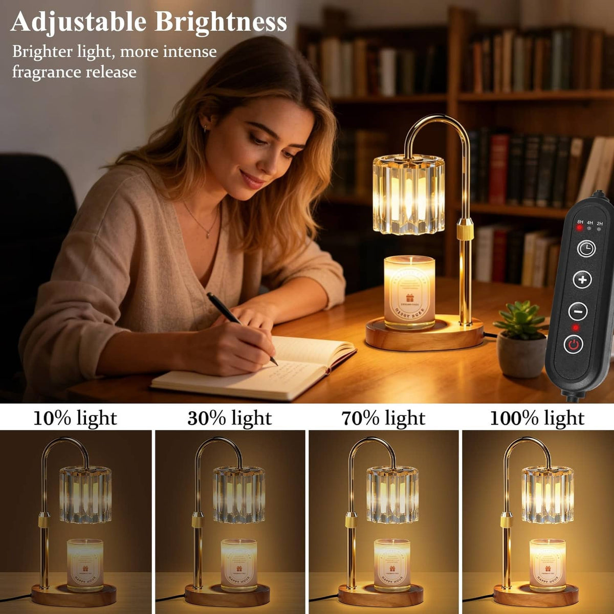 Candle warmer lamp with clear glass cylinder and lit candle jar, with brightness remote
