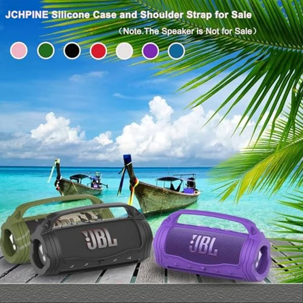 Black silicone speaker case with handle and shoulder strap, shown with another color