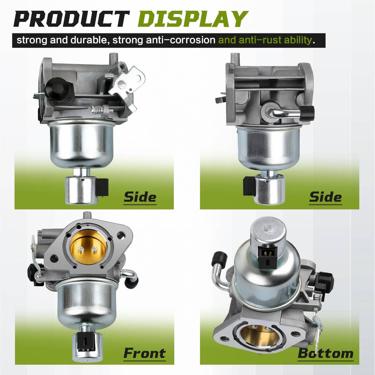 Silver metal carburetor with mounting flange and inlet connections, shown from multiple angles