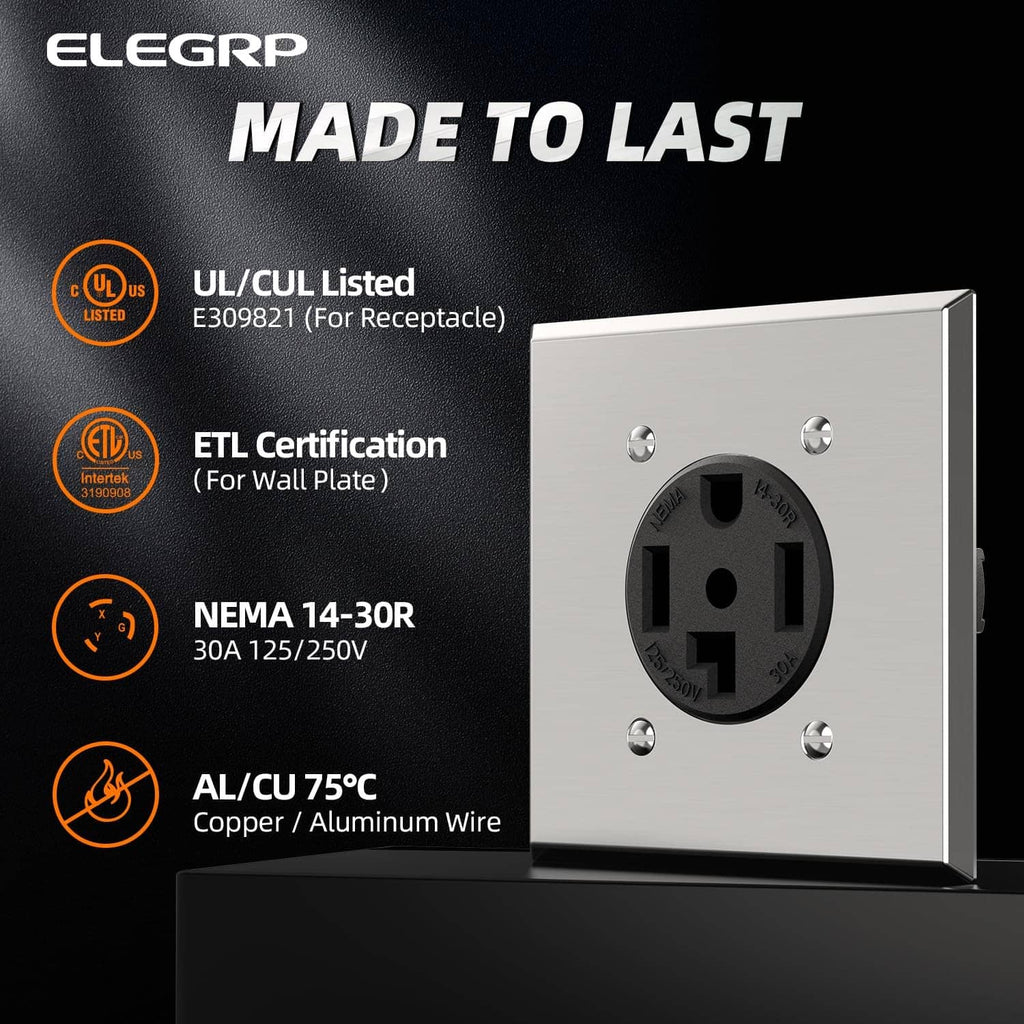 ELEGRP NEMA 14-30R certified outlet with silver mounting plate and black receptacle