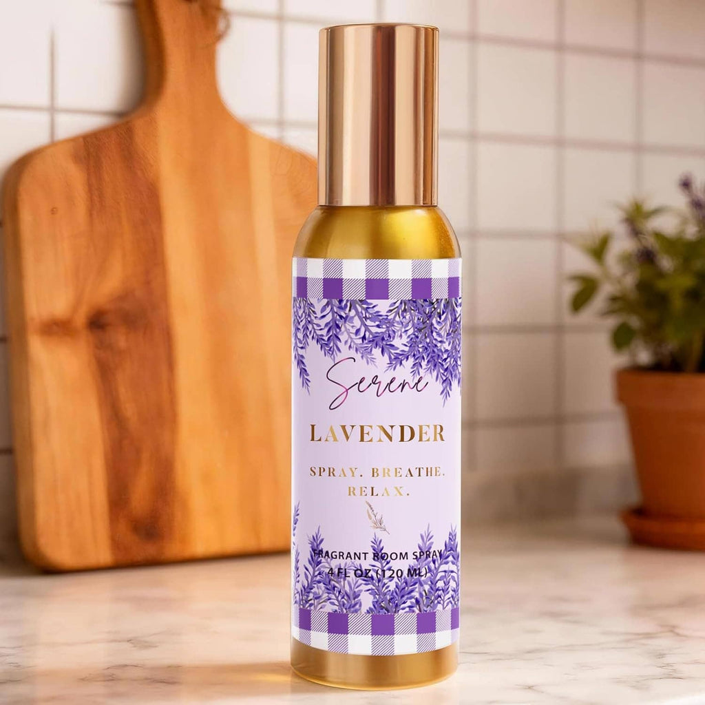 Lavender room spray bottle with gold sprayer top and purple lavender label