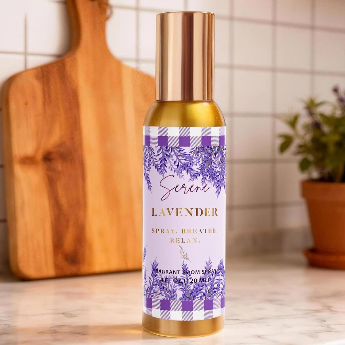 Lavender room spray bottle with gold sprayer top and purple lavender label