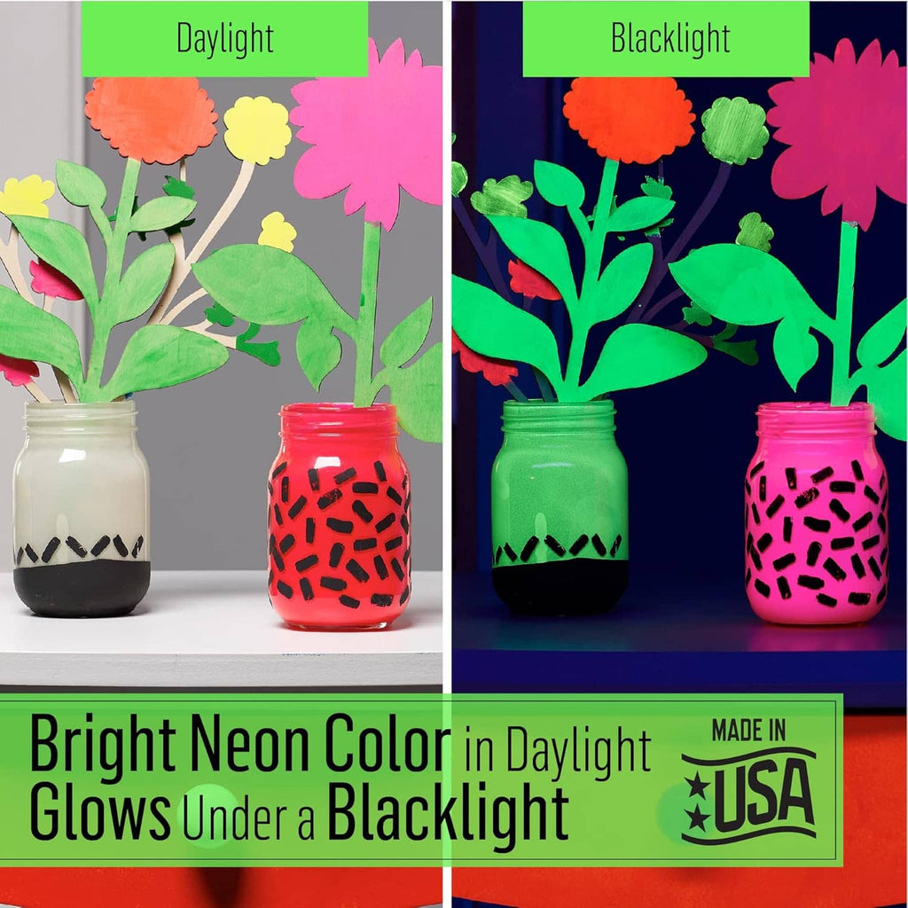 Neon glow acrylic paint in jars, shown with daylight and blacklight glow effects