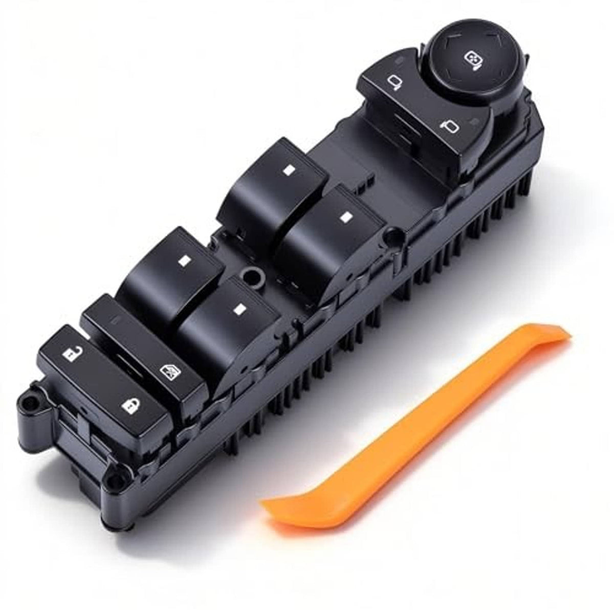 Black front driver side power window switch with lock controls and rocker buttons