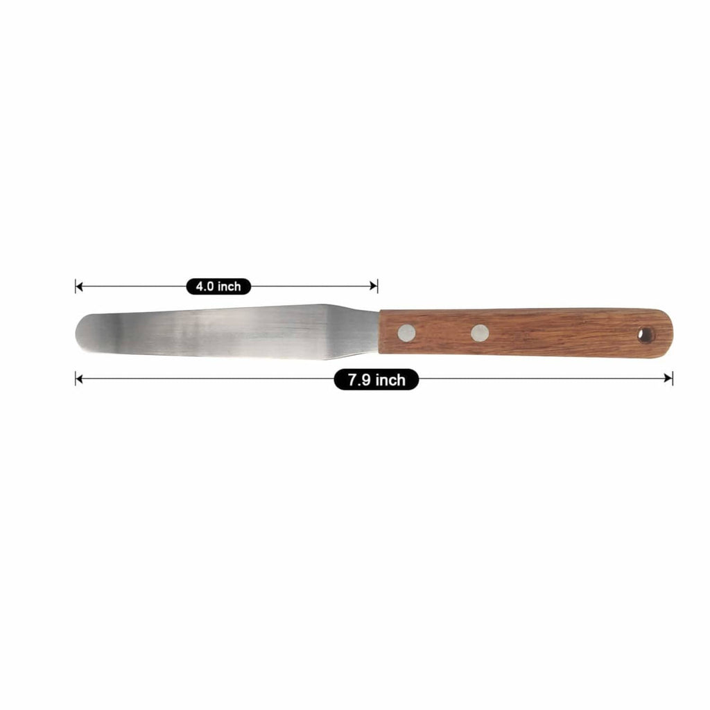 Pill counting spatula with wooden handle; 7.9-inch length and 4.0-inch width callouts