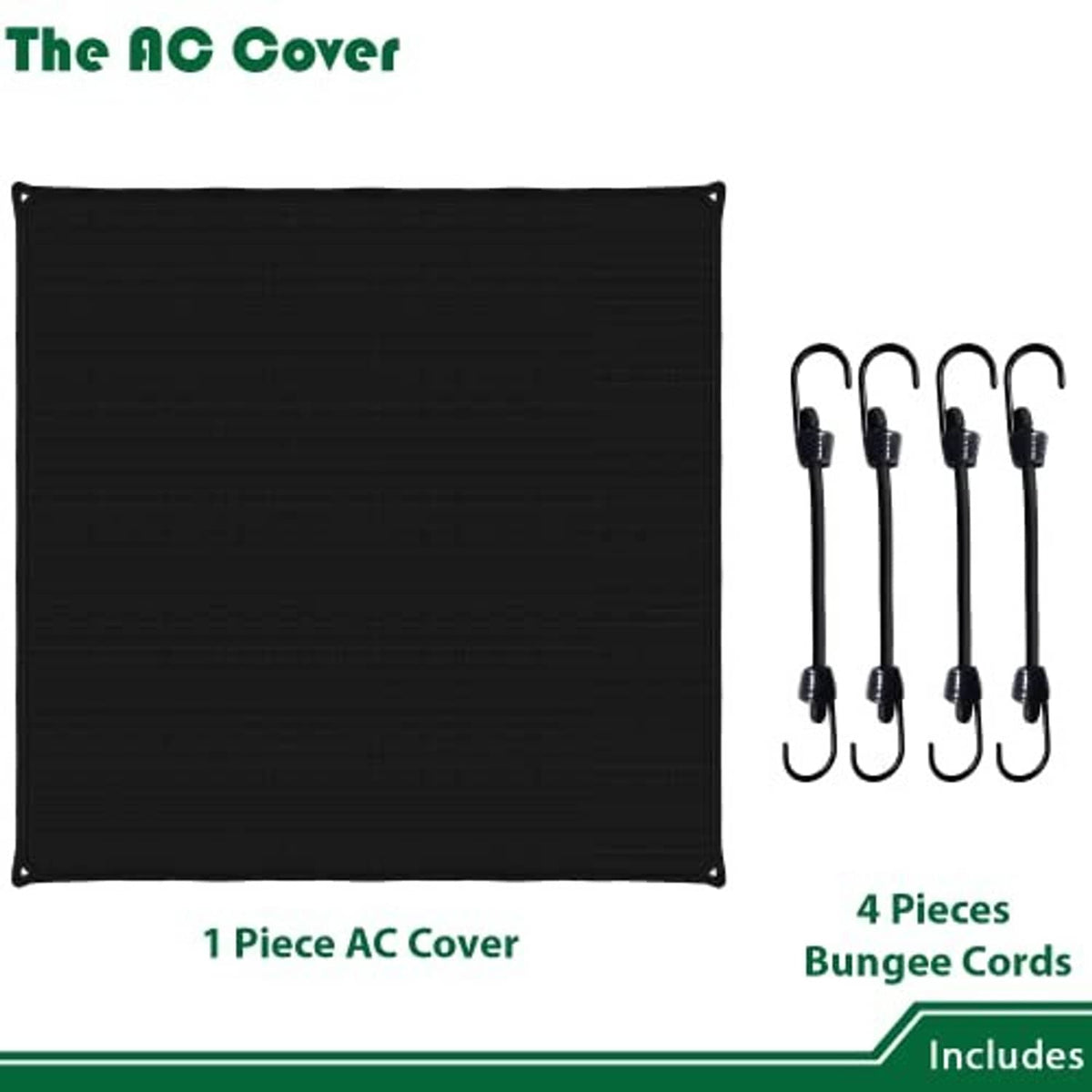 Black square AC unit cover with corner grommets; includes bungee cords.
