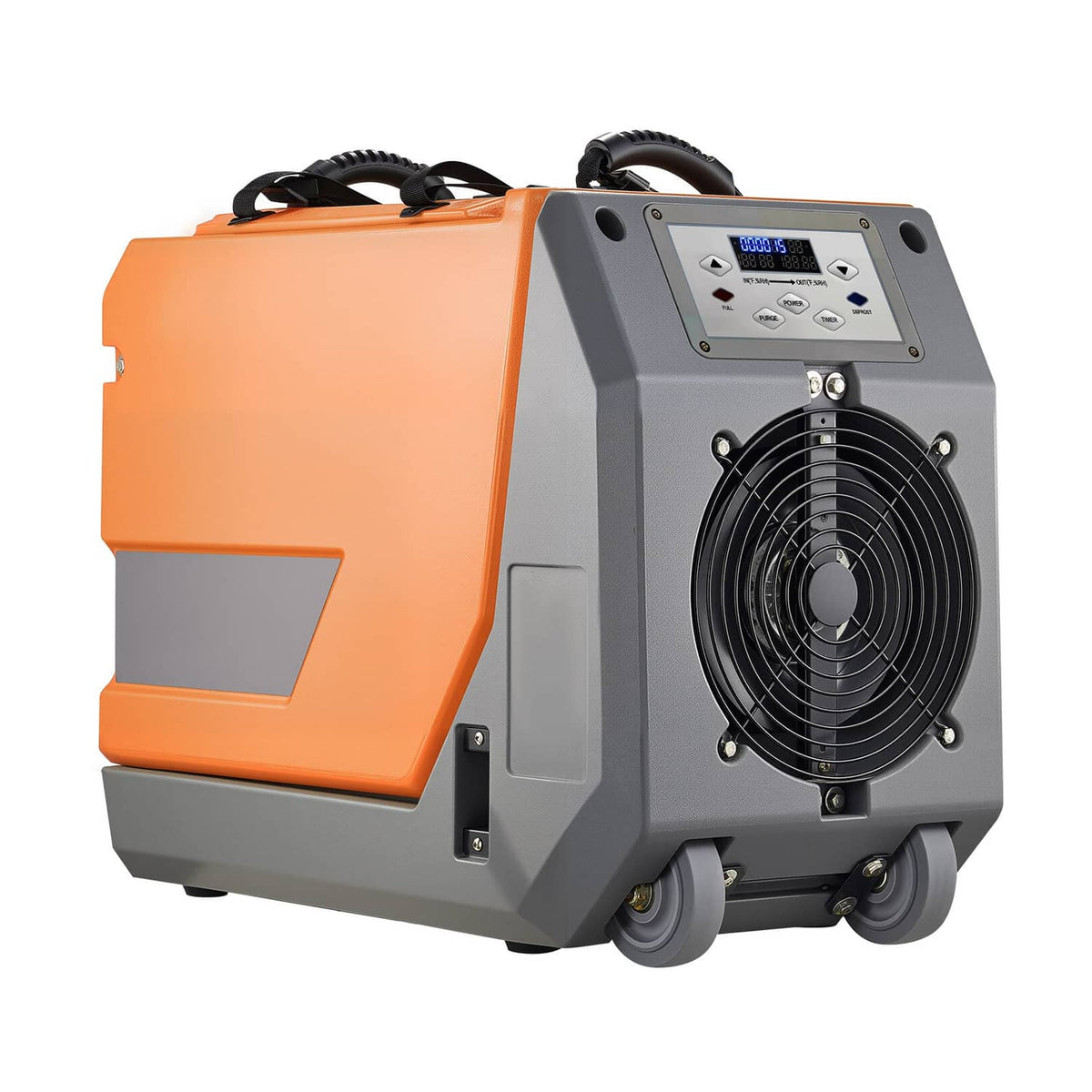 Commercial dehumidifier with pump, orange and gray housing, front fan grille