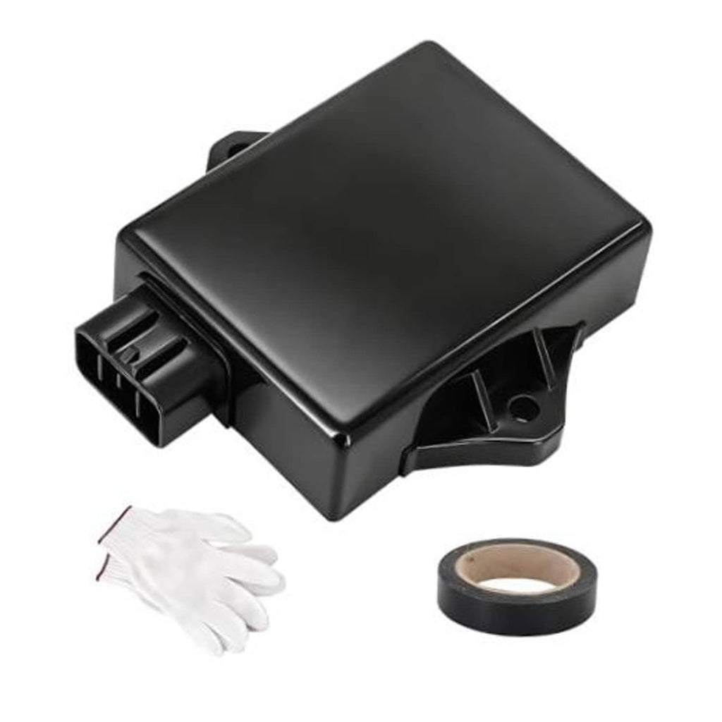 Black ignition CDI module box with side connector and mounting tabs