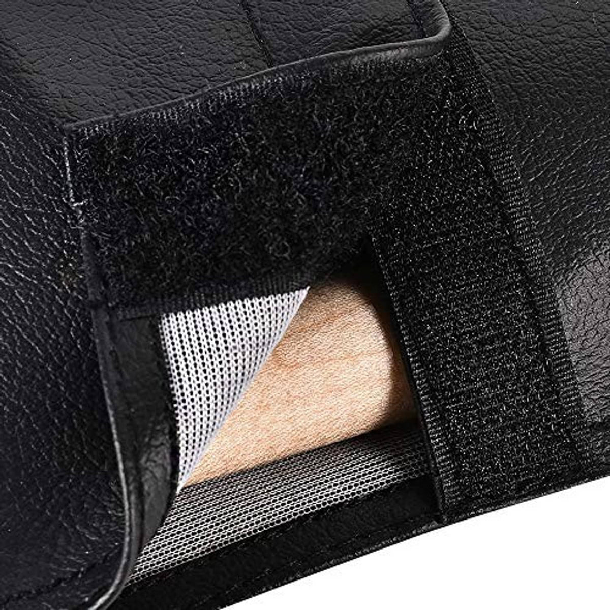 Black leather cue case pocket with black mesh lining and protective insert
