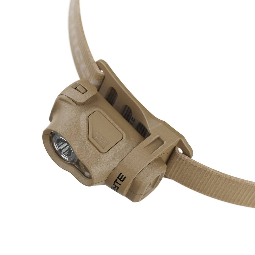 Tan Princeton Tec Byte headlamp side view with mounted LED lens