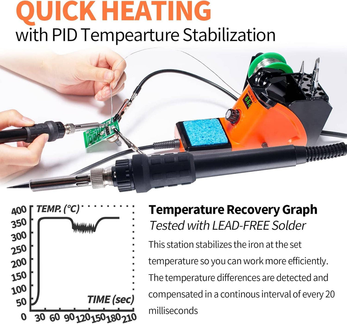 Orange soldering iron station with iron heating a small PCB and blue cleaning sponge
