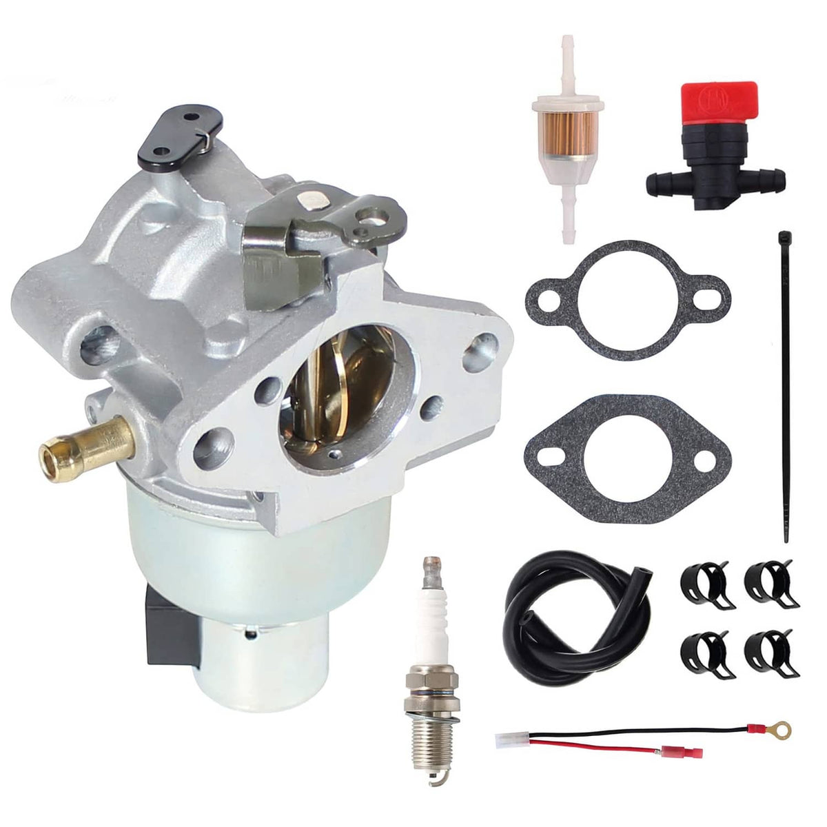 Carburetor assembly kit with aluminum body, gaskets, diaphragm, and fuel line pieces
