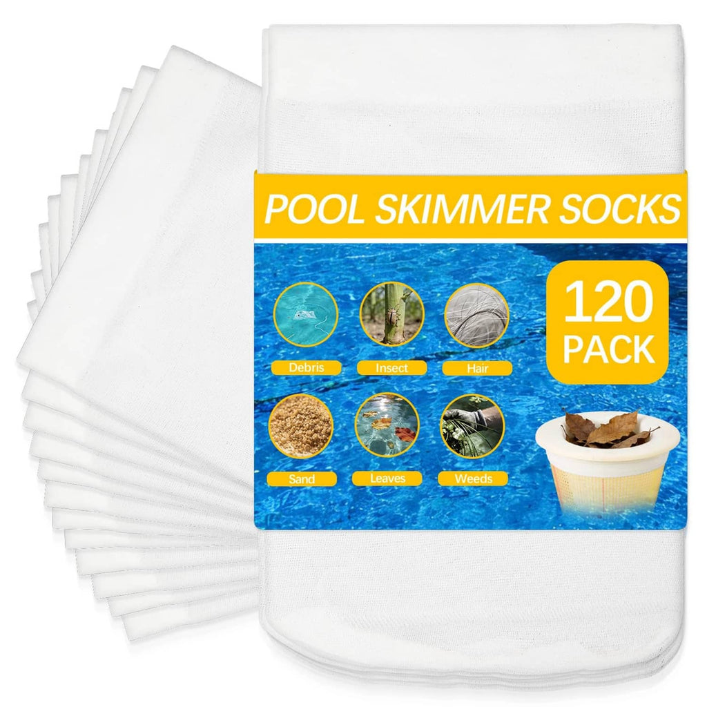 120-pack pool skimmer filter socks, white mesh bags for trapping debris