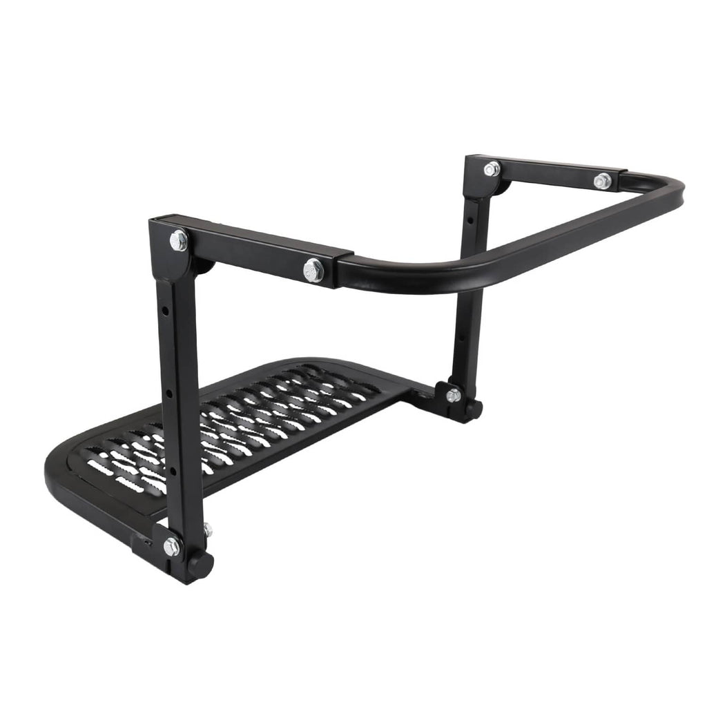 Black tire step with U-shaped support frame and ribbed anti-slip tread platform