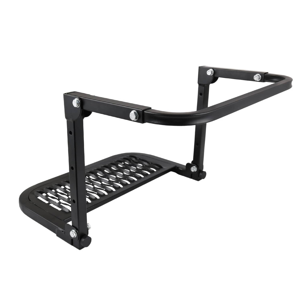 Black tire step with U-shaped support frame and ribbed anti-slip tread platform