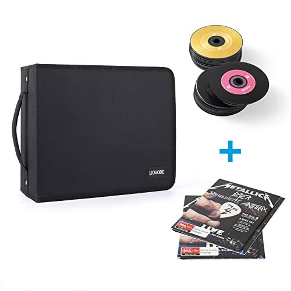 Black DVD storage case with stacked discs and booklets included