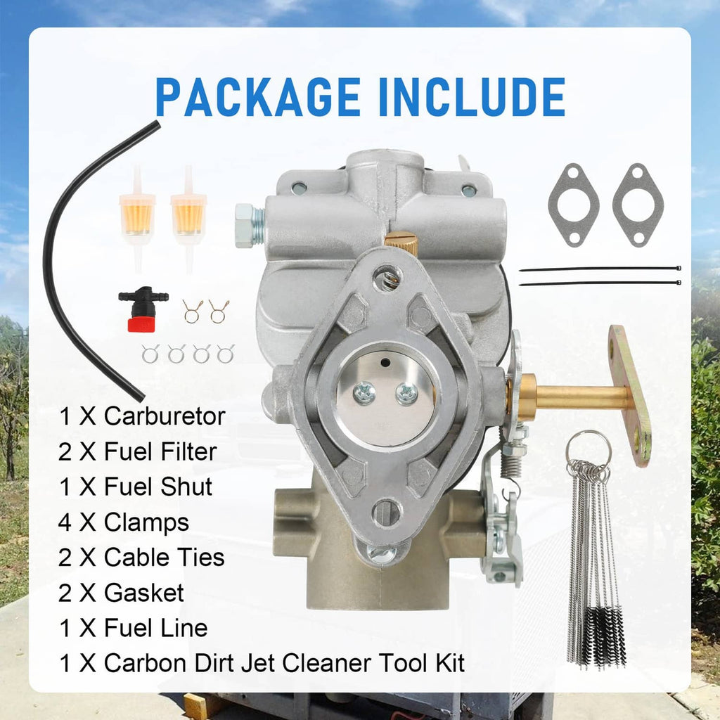 Carburetor kit package with gaskets, clamps, fuel filters, and fuel hose