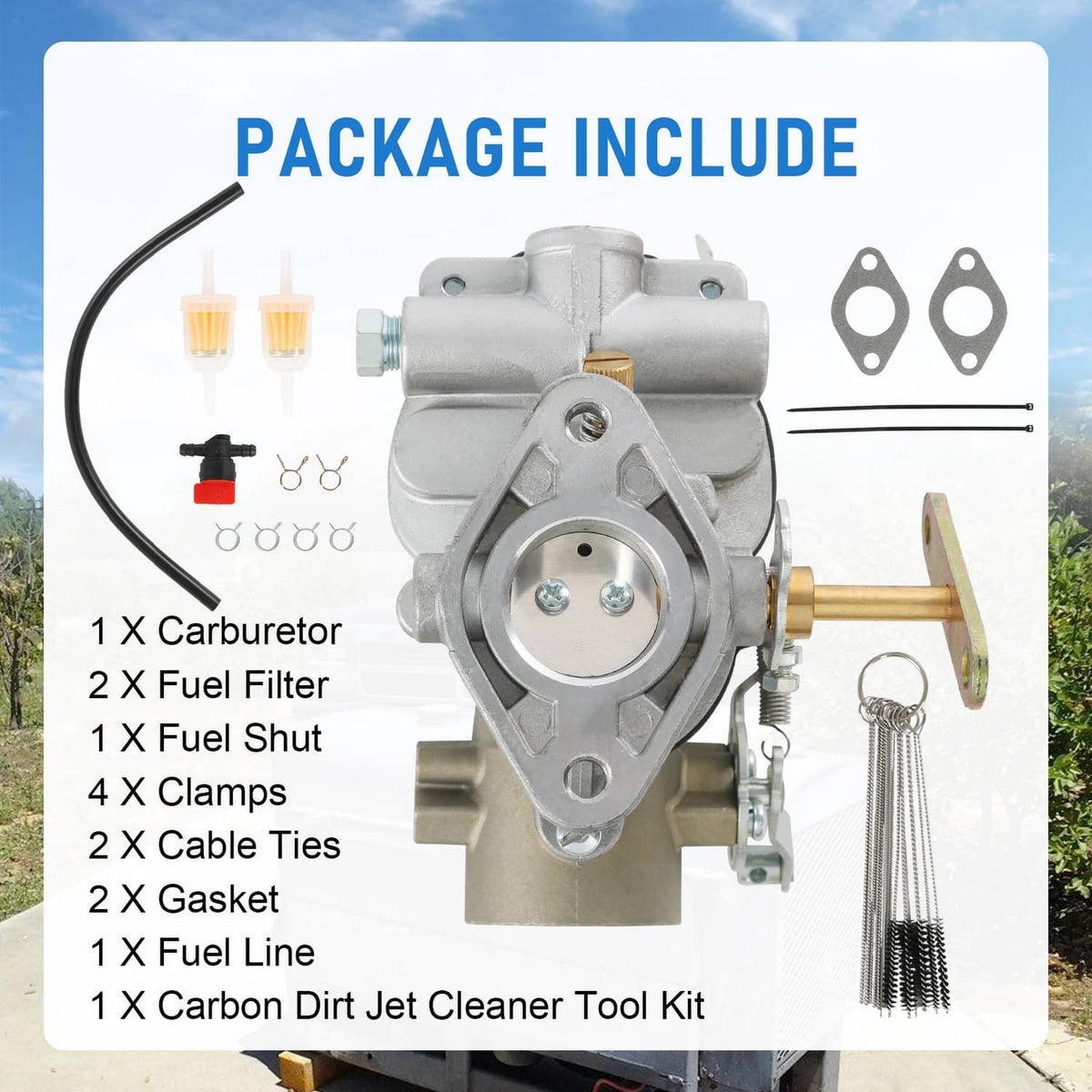 Carburetor kit package with gaskets, clamps, fuel filters, and fuel hose