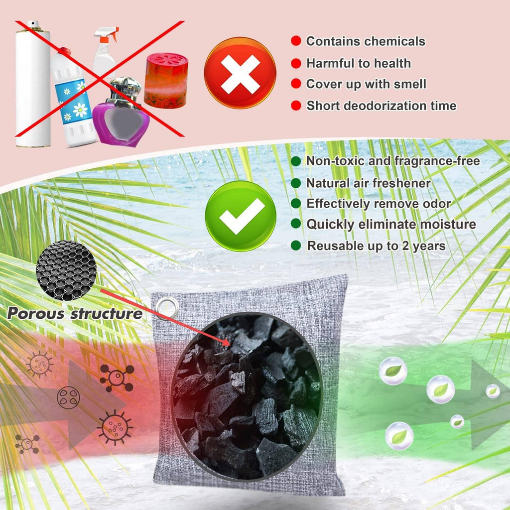 Grey cloth odor absorber bag with printed label and porous charcoal detail.