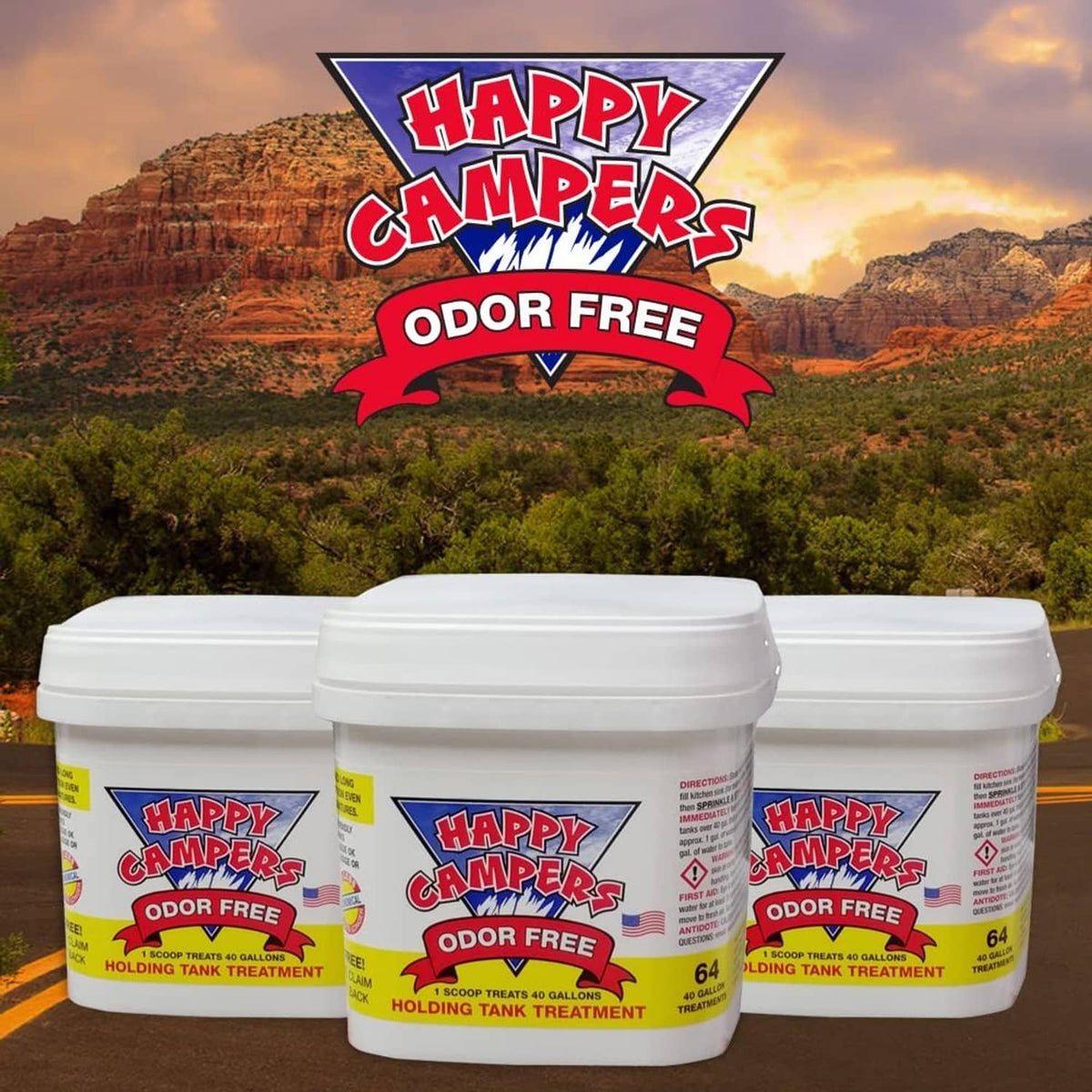 Set of white Happy Campers Odor Free holding tank treatment buckets with labels