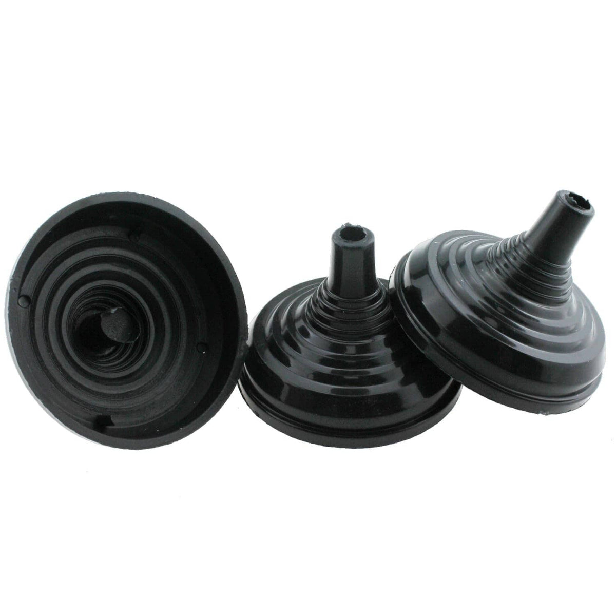 Black plastic table flag pole base set, three circular ridged bases with posts