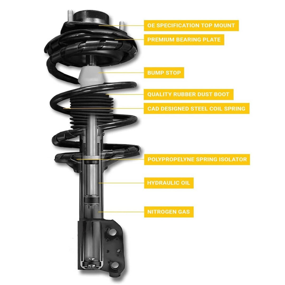 Front strut assembly with black coil spring, dust boot, and exposed shock rod.