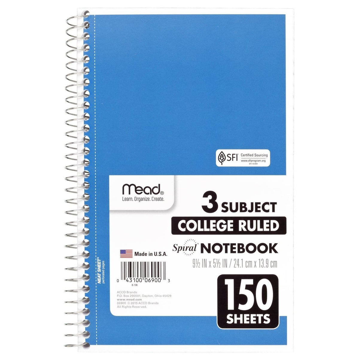 3-subject spiral notebook with blue cover and college-ruled paper, 150 sheets