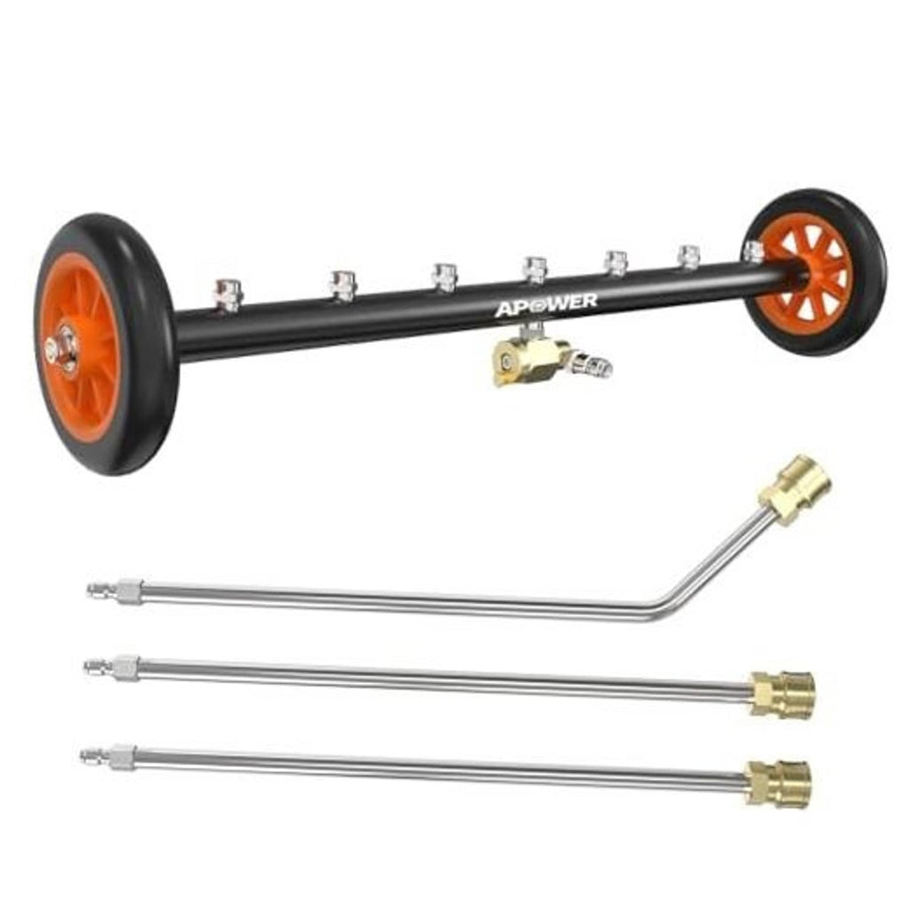 24-inch undercarriage pressure washer attachment with black frame and orange wheels