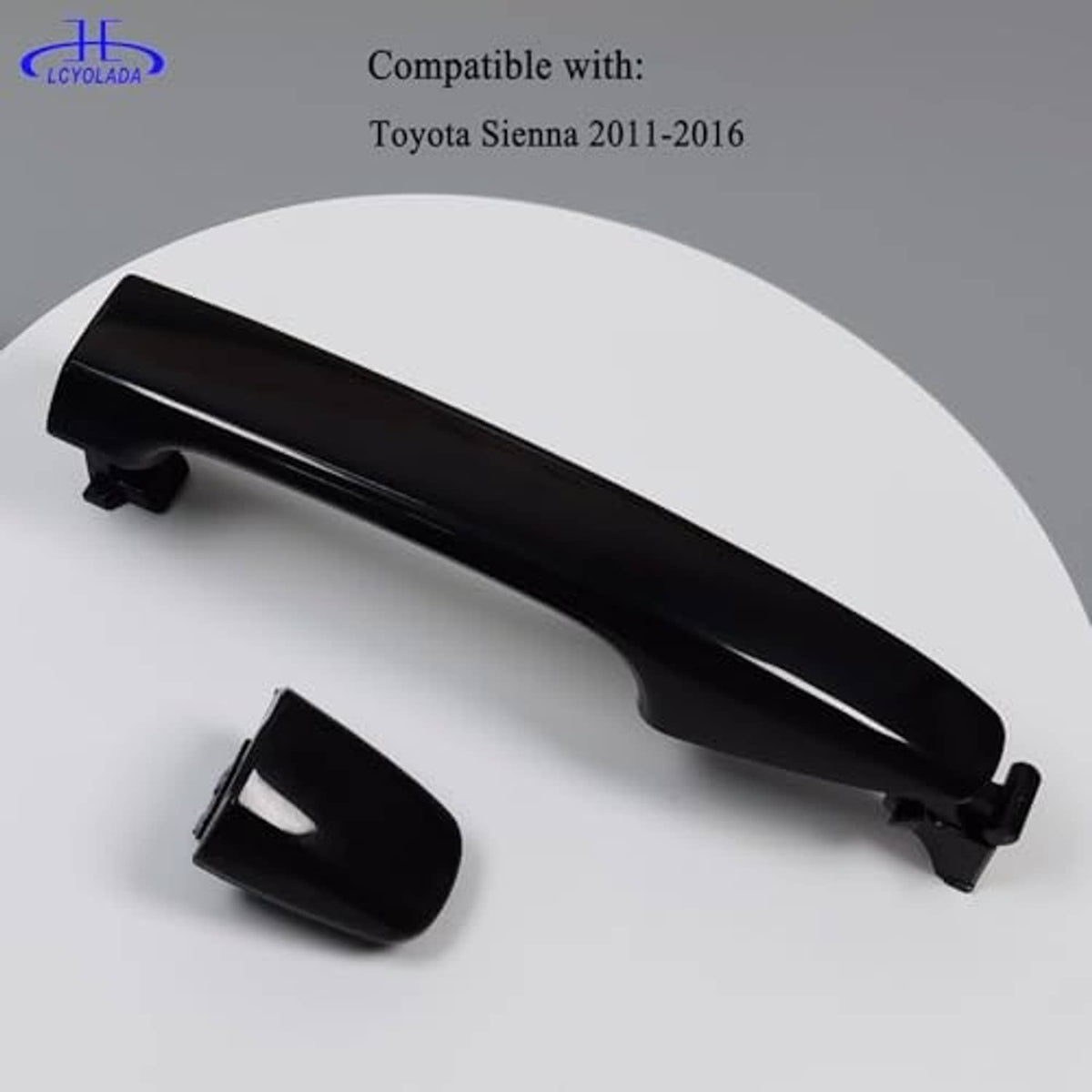 Black exterior door handle with separate insert piece, glossy finish