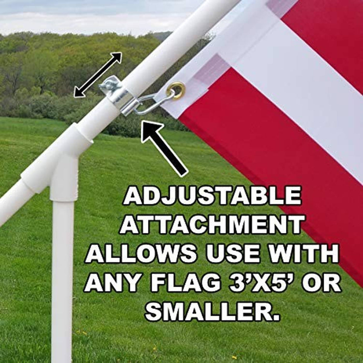 Adjustable attachment clamp on portable flagpole, holding U.S. flag fabric