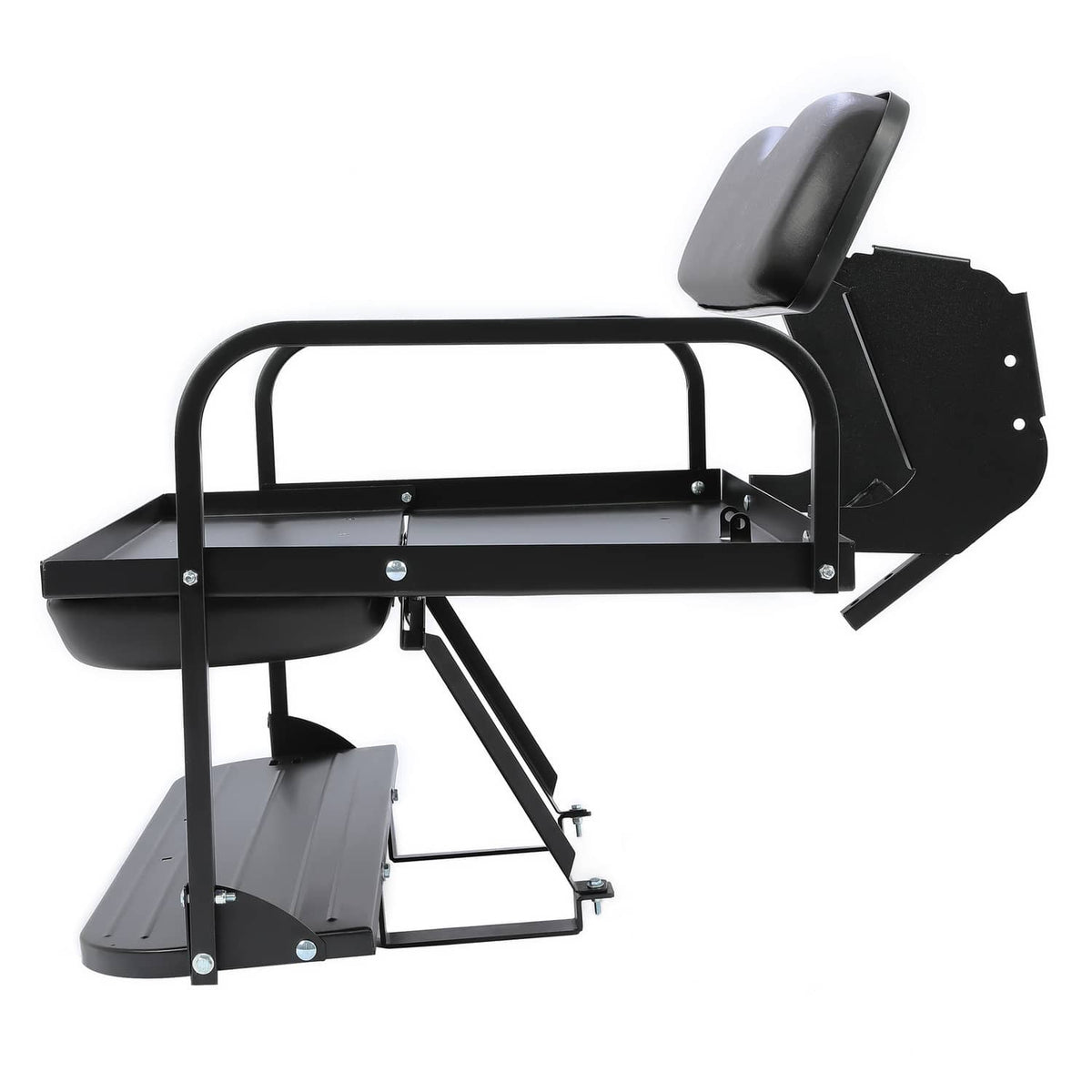 Black rear seat frame with padded backrest, armrests, and fold-down step