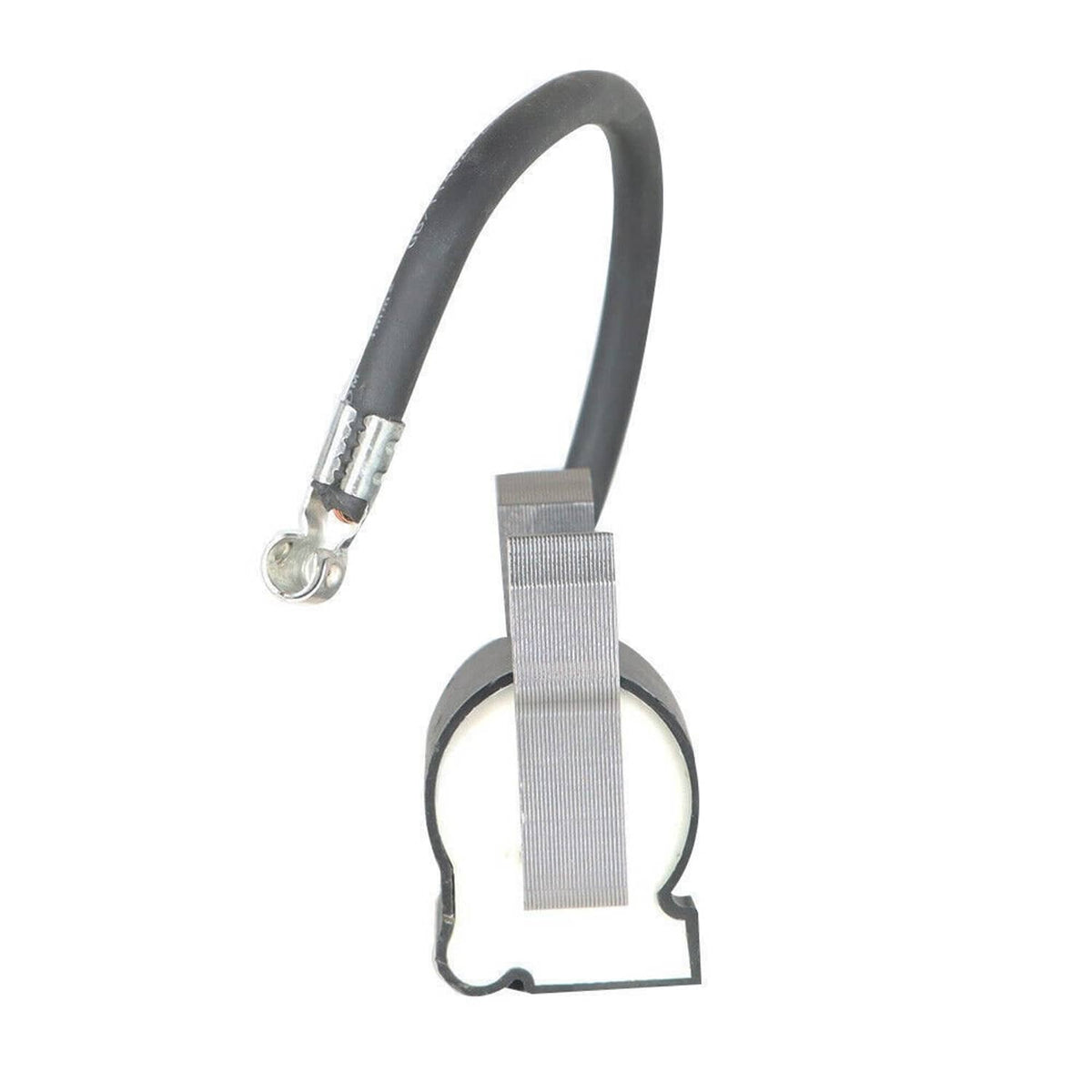 Ignition coil wiring harness with black loop cable, grey strap, and ring terminal