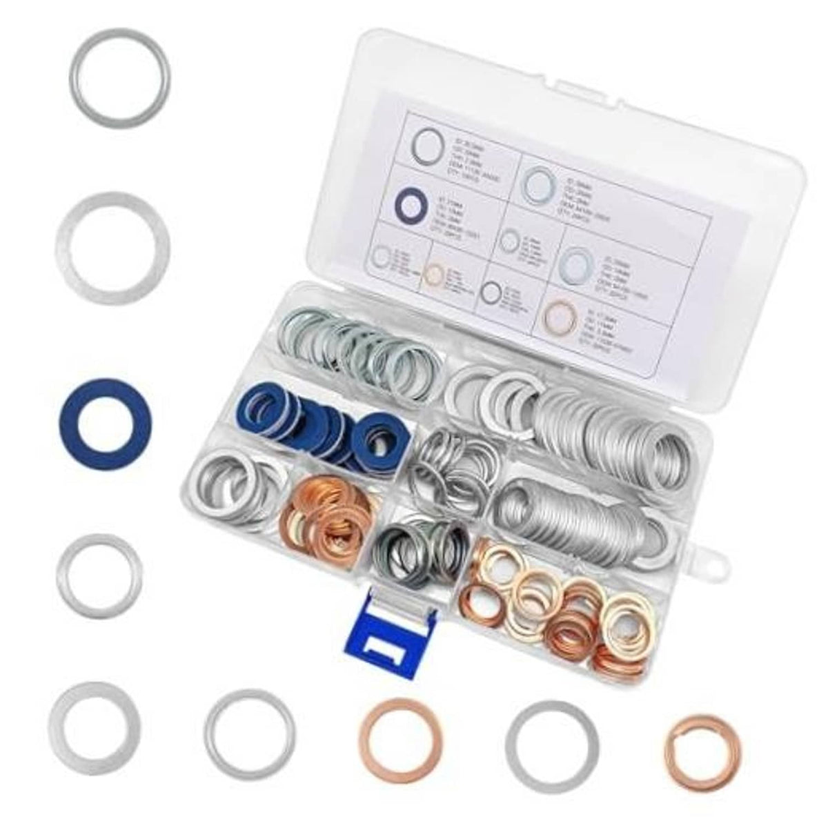 Oil drain plug gasket assortment set in clear case, mixed copper and silver washers