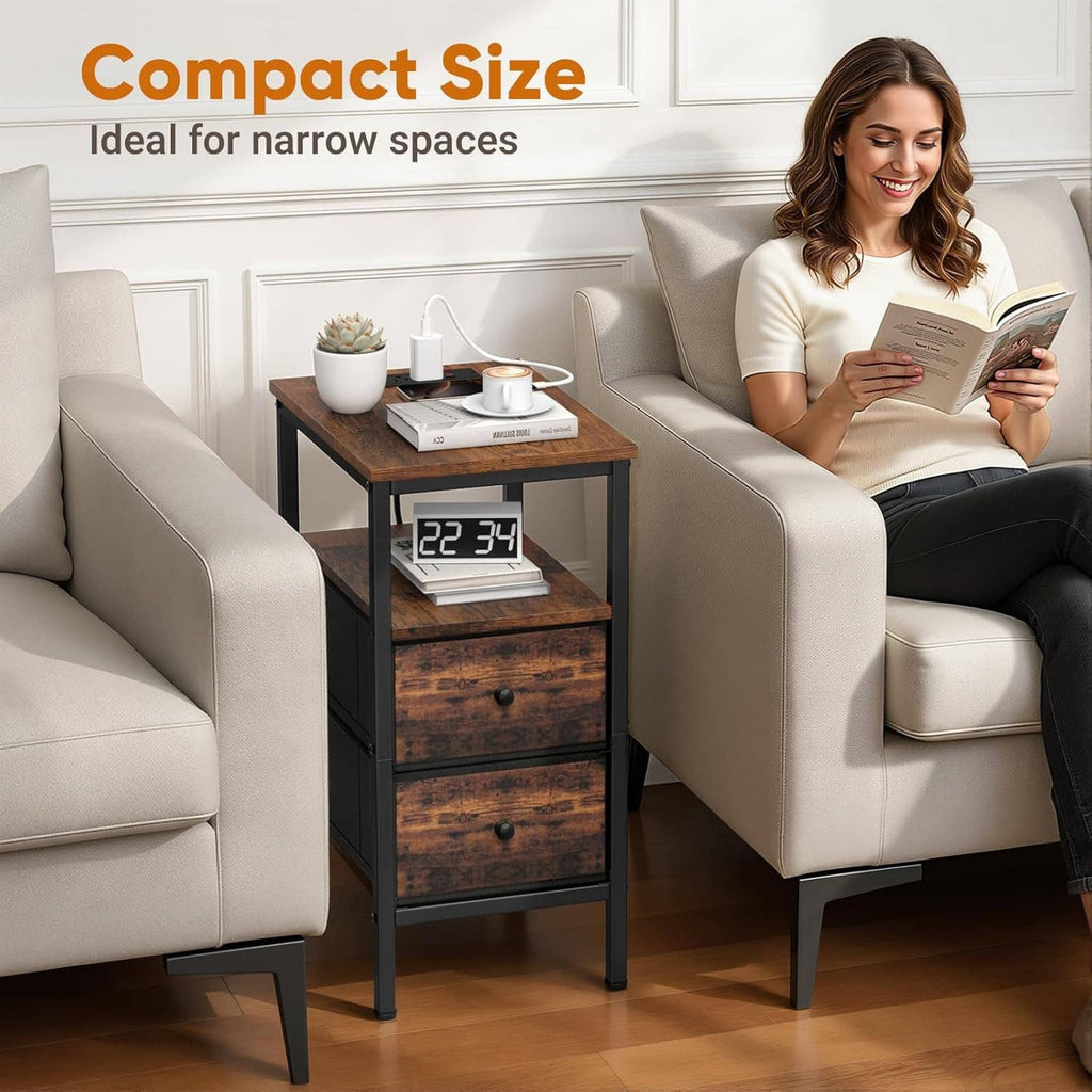 Compact narrow end table with LED display and lighted shelf beside sofa