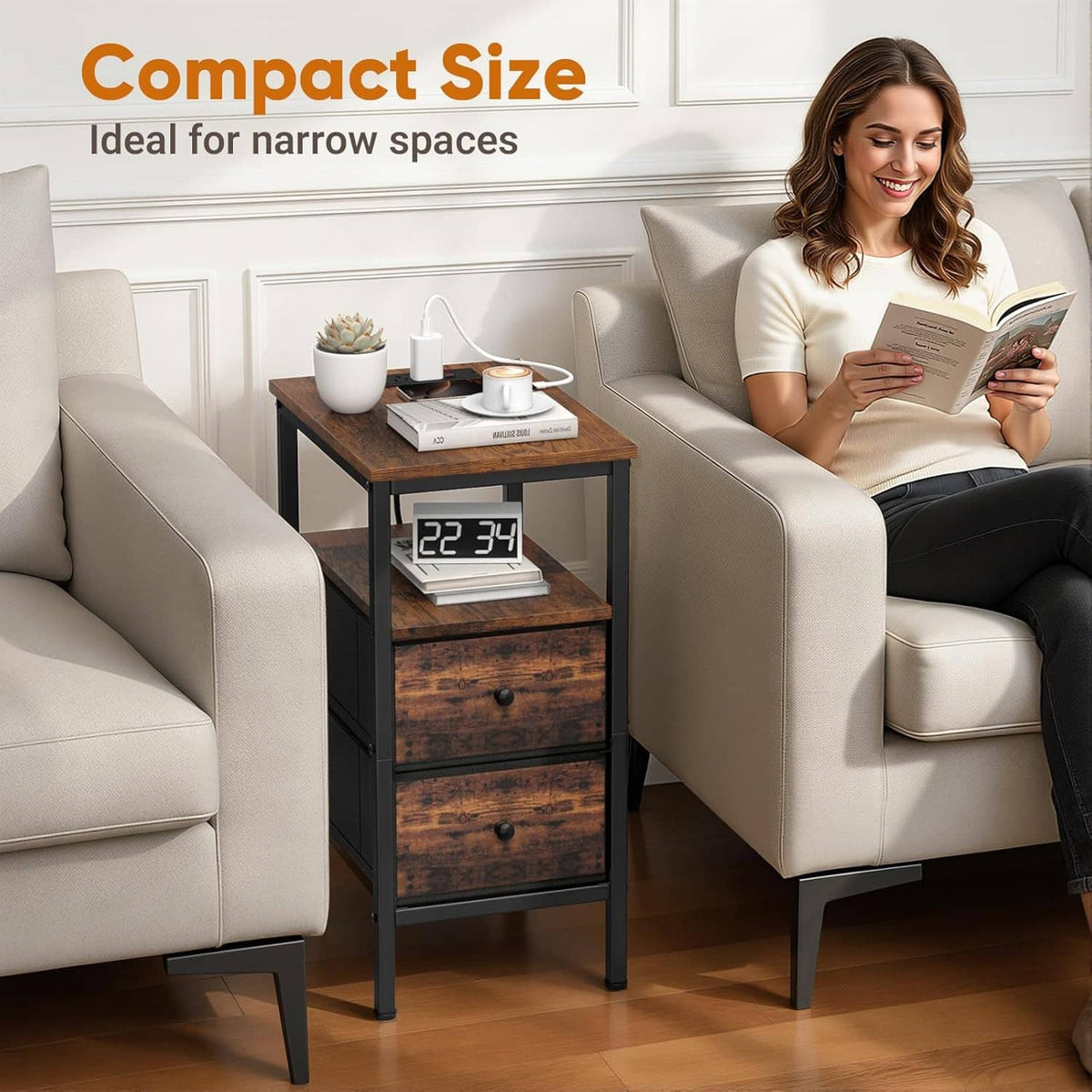 Compact narrow end table with LED display and lighted shelf beside sofa
